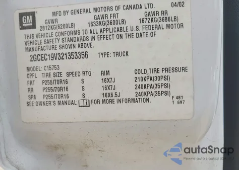 2002 Chevrolet Silverado 1500 Ls z USA, uszkodzony, nr VIN 2GCEC19V321353356